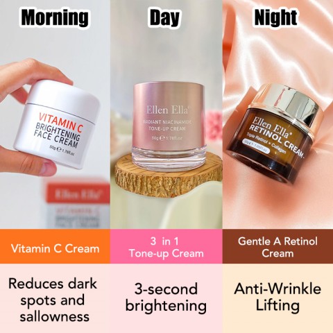 ELLEN ELLA GlowCycle Cream Combo - Vit C Cream for Morning Boost, 3-in-1 Tone up Cream for Day Glow, Retinol Cream for Night Renew - Get rid of dull and aging skin