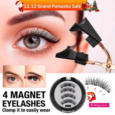 Magnetic eyelashes with 4 Magnets Reusable Handmade 3D Mink False Eyelash with Magnet Tweezers 