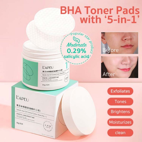 BHA Toner Pads  (50pads) with ‘5-in-1’ Effect | Exfoliates, Tones, Brightens, Moisturizes and clean